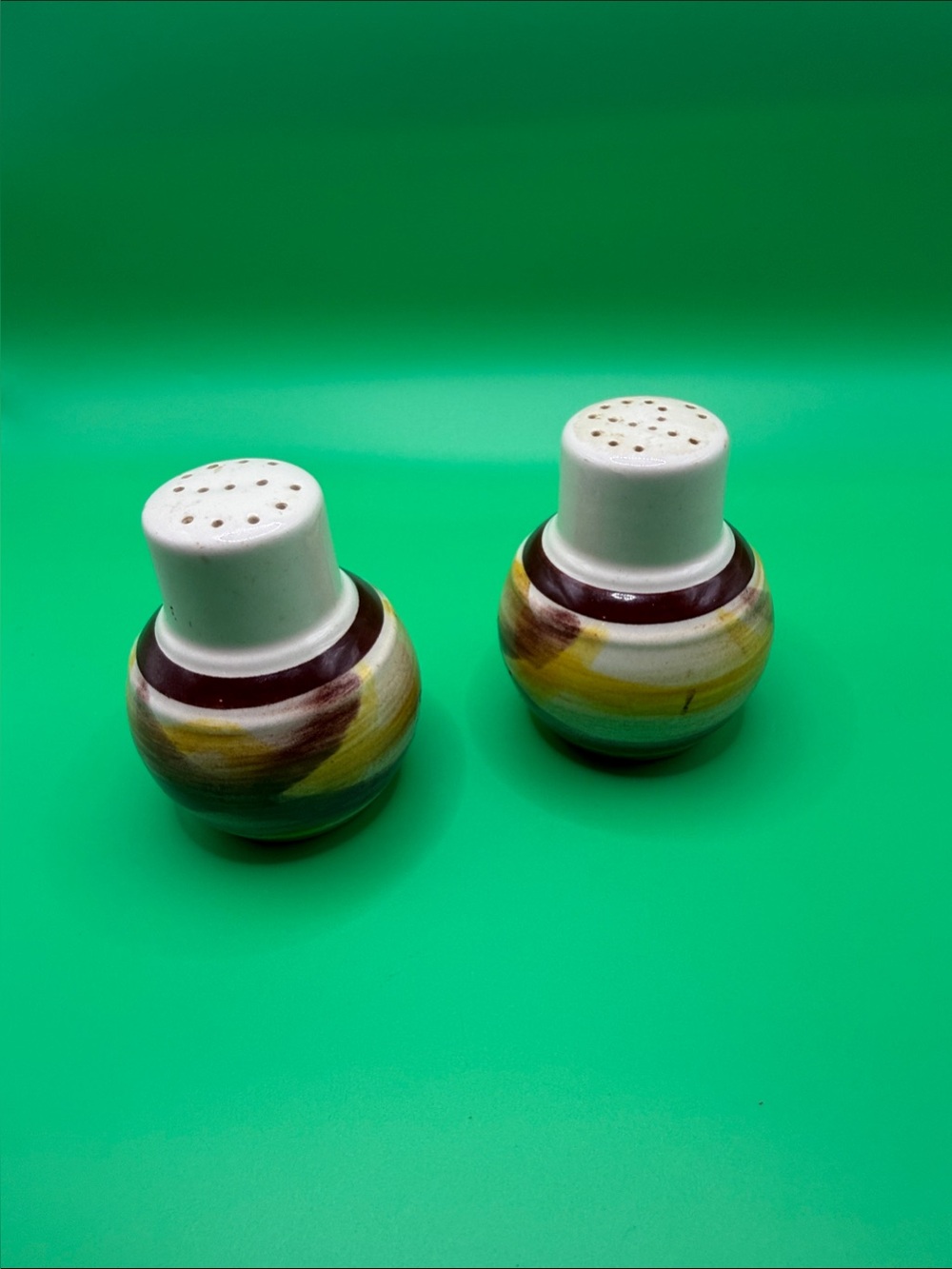 Hand-Painted Ceramic Salt and Pepper Shakers in Green, Yellow and Brown